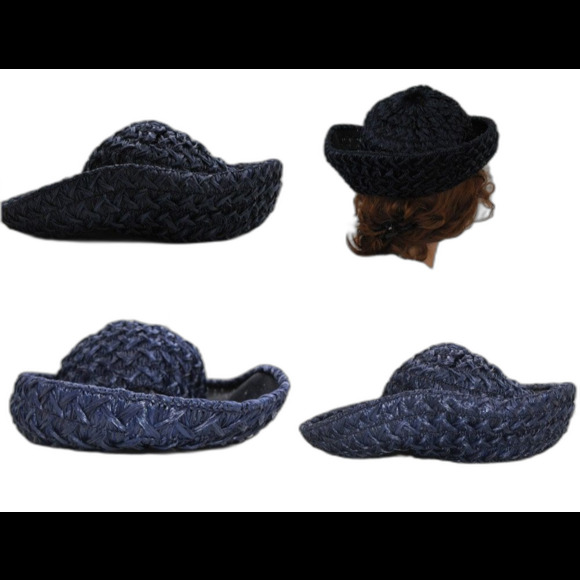Vintage 50s Dark Blue Hat Raffia Straw Summer Sun - Picture 6 of 6
